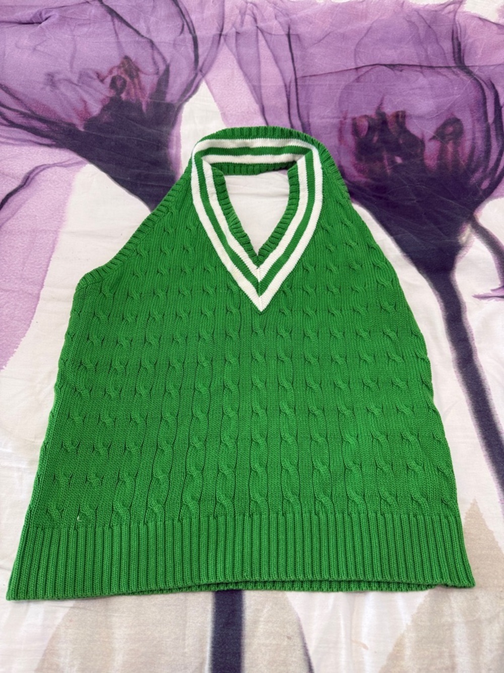 Polo by Ralph Lauren Green Cable-Knit Halter Sweater Vest with White-Trim V-Neck